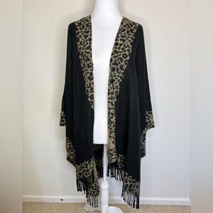 Boho Leopard Print Fringe Shawl Cardigan Black Beige FashionTrend 2026 Sz L BN12